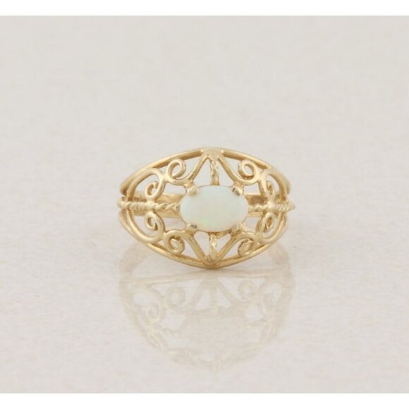 14k Yellow Gold Natural Opal Filigree Ring Size 6 - Picture 1 of 8